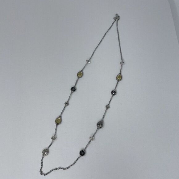 Ann Taylor LOFT Station Necklace Silver Tone Purple Yellow Rhinestones 36" - Picture 1 of 7